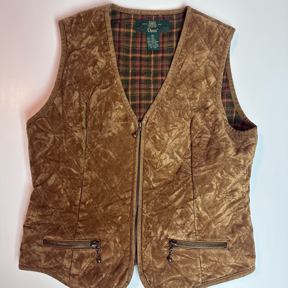 Orvis Quilted Vest Women’s small Brown Plaid Lined Zip Outdoor Vest